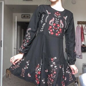Zaful Black Dress with Red Floral Embroidery